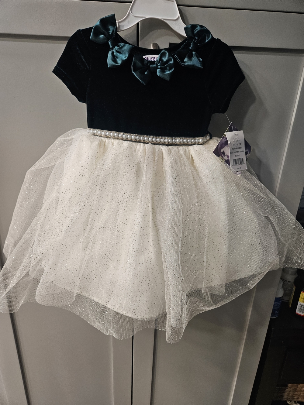 Velvet Bow-Trim Tulle Party Dress - Hunter Green Top Ivory Skirt